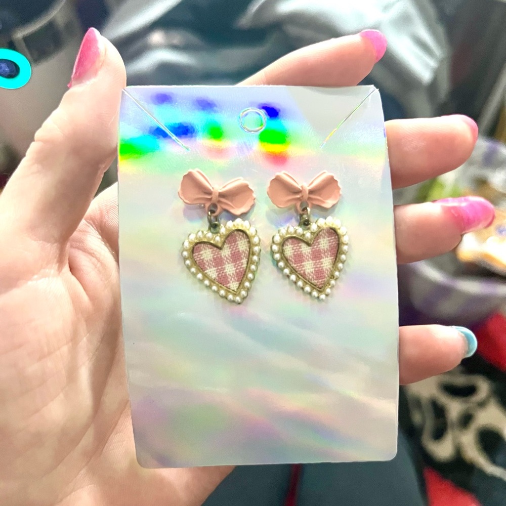 Gold Heart-Shaped Pink Plaid Earrings